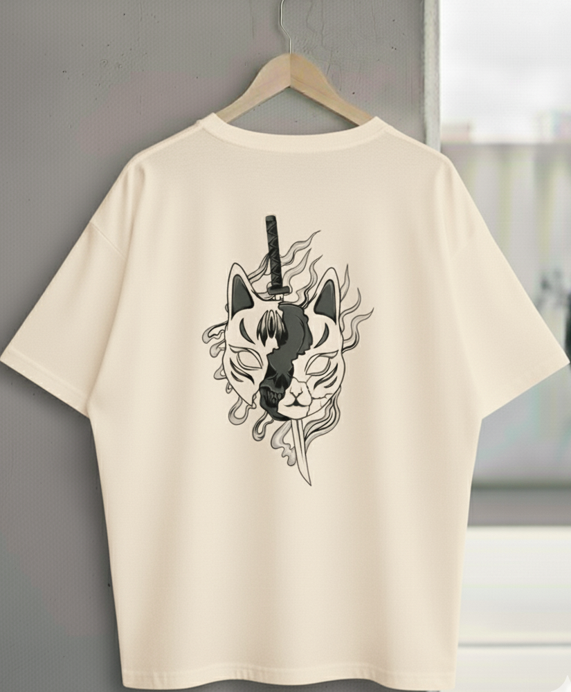 Wujood Drop Shoulder Oversized T-Shirt – Samurai Cat Mask Graphic