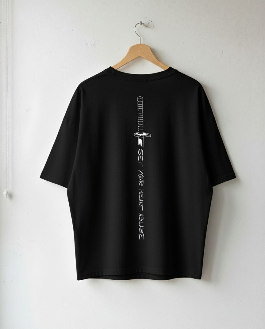 Drop Shoulder W Logo Tee with Demon Slayer-Inspired Sword Graphic