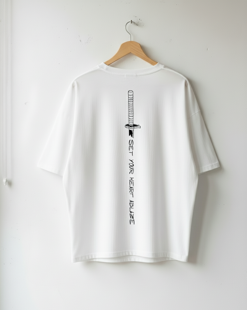 Drop Shoulder W Logo Tee with Demon Slayer-Inspired Sword Graphic