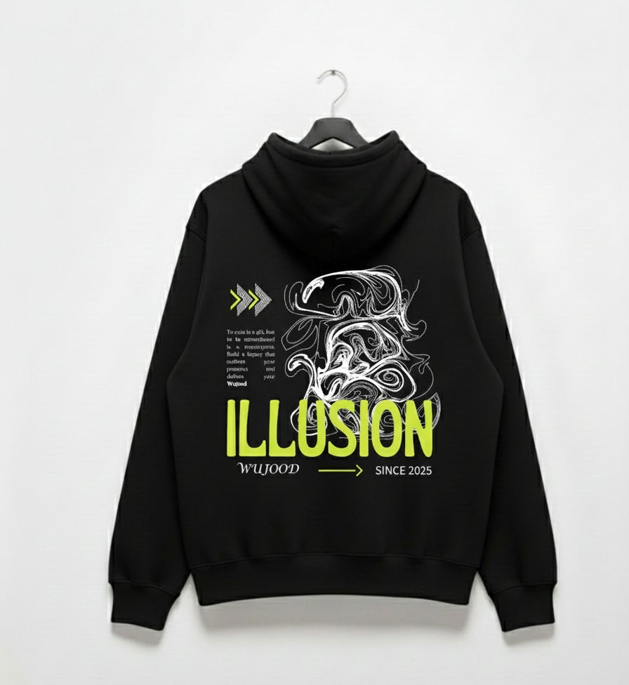 ILLUSION Black Hoodie – Premium Streetwear by WUJOOD®