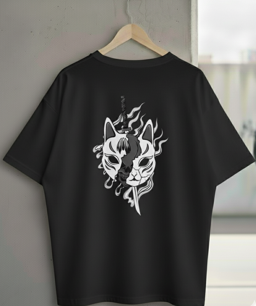 Wujood Drop Shoulder Oversized T-Shirt – Samurai Cat Mask Graphic
