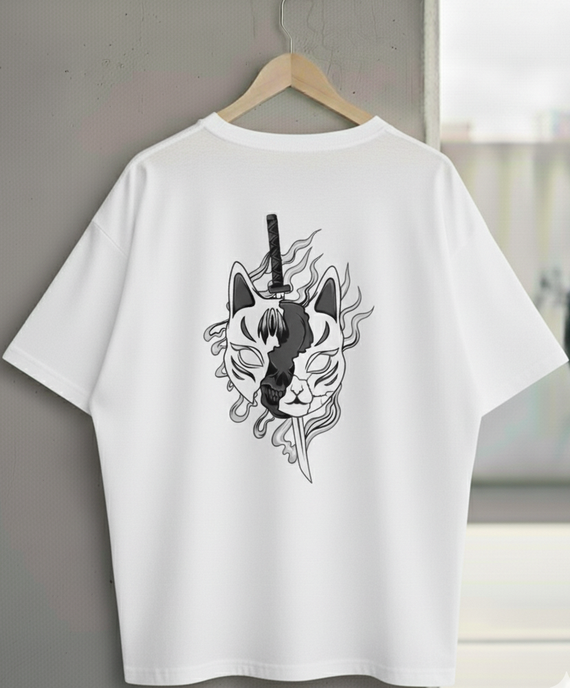 Wujood Drop Shoulder Oversized T-Shirt – Samurai Cat Mask Graphic