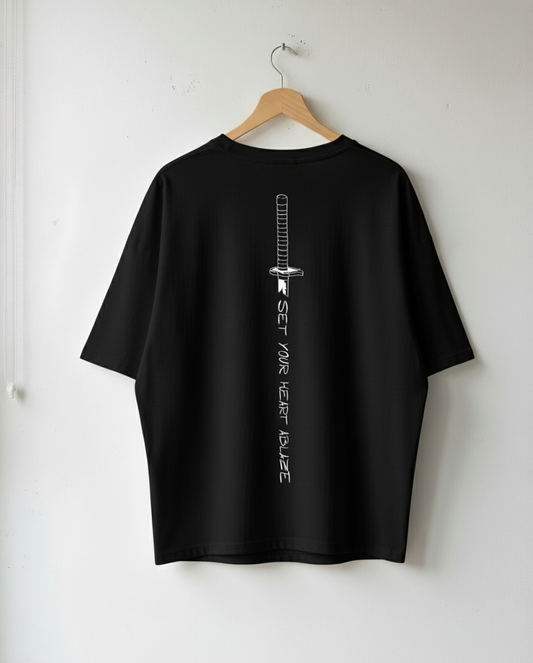 Drop Shoulder W Logo Tee with Demon Slayer-Inspired Sword Graphic