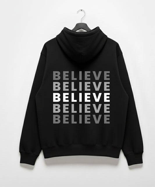 Wujood | "BELIEVE" Black Statement Hoodie | Minimalist Typography Edition
